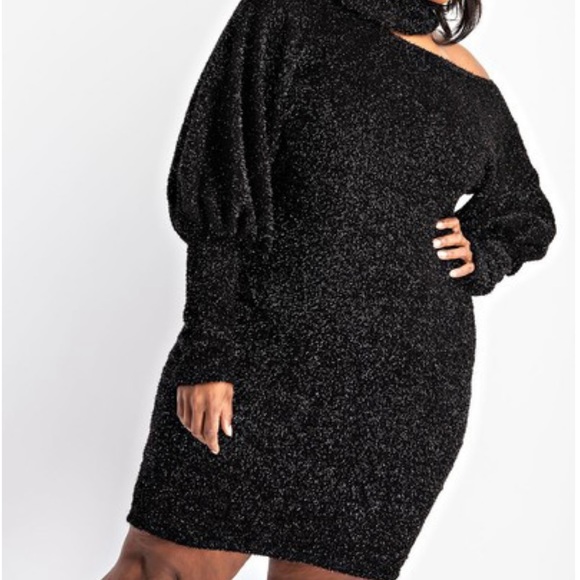 Woman's Size 3X Black Shimmer High Neck Open Shoulder Sweater Dress Fits 22W 24W - Picture 4 of 6